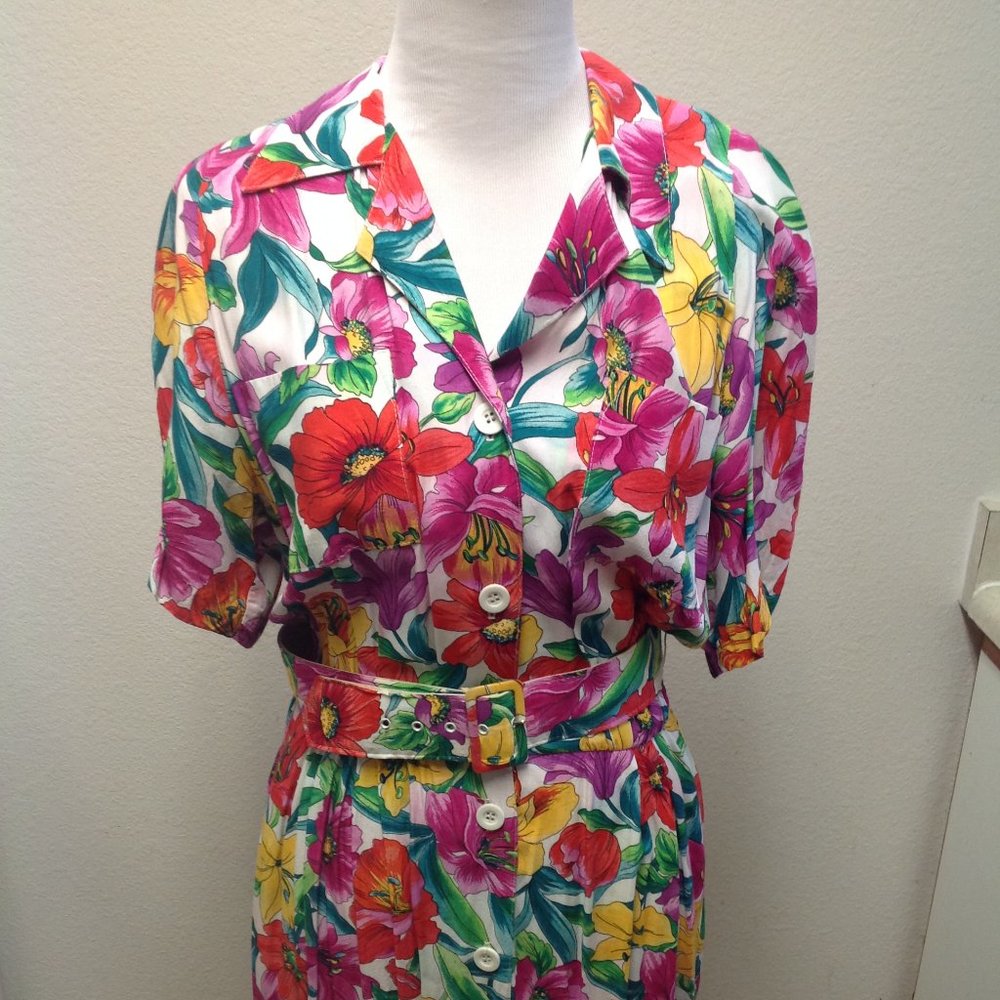 Vtg Jessica Howard Multi-Colored Tiger Lily Button Down Dress Size 12